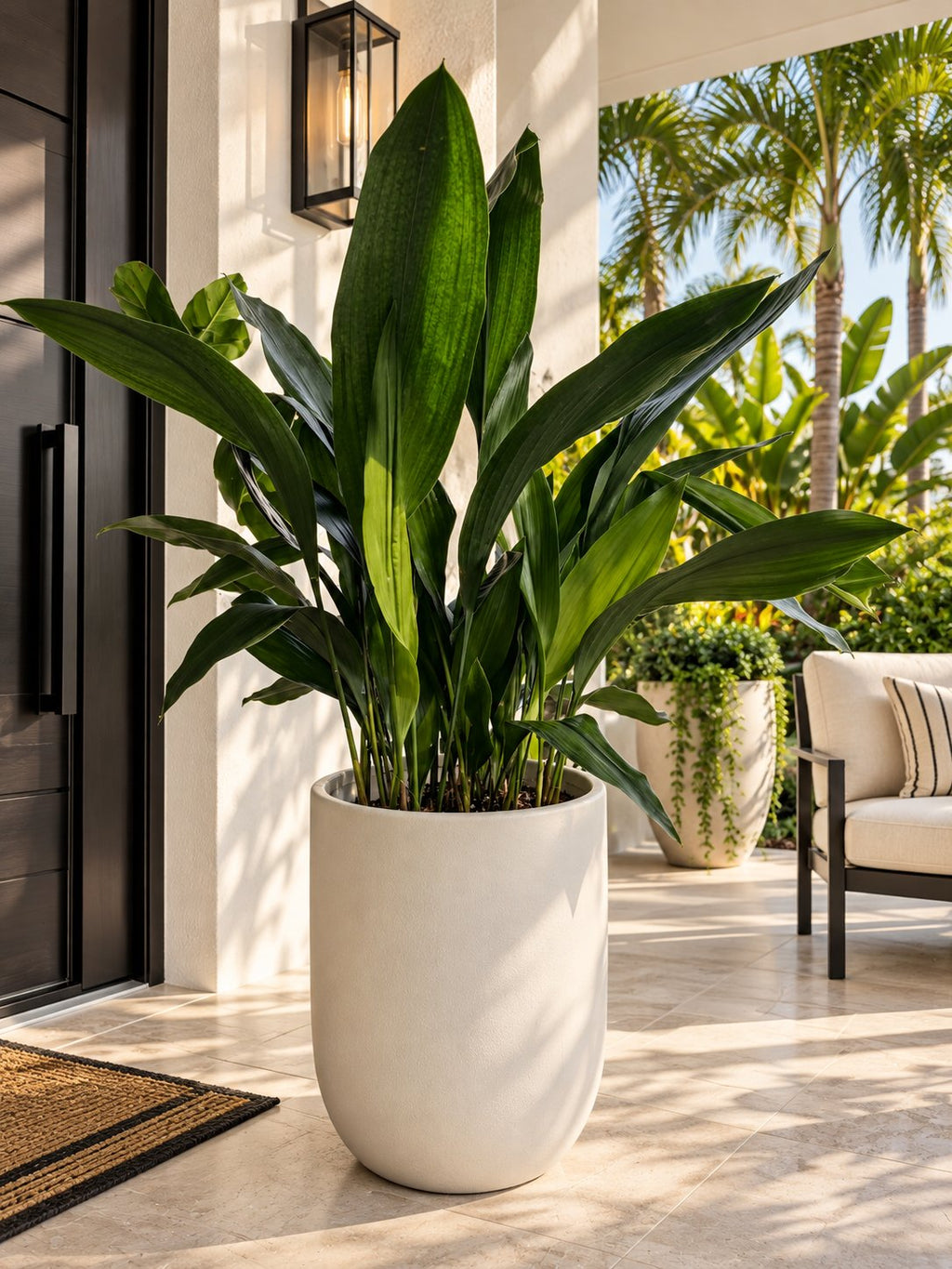 Large cast iron plant in a smooth white planter beside a front door