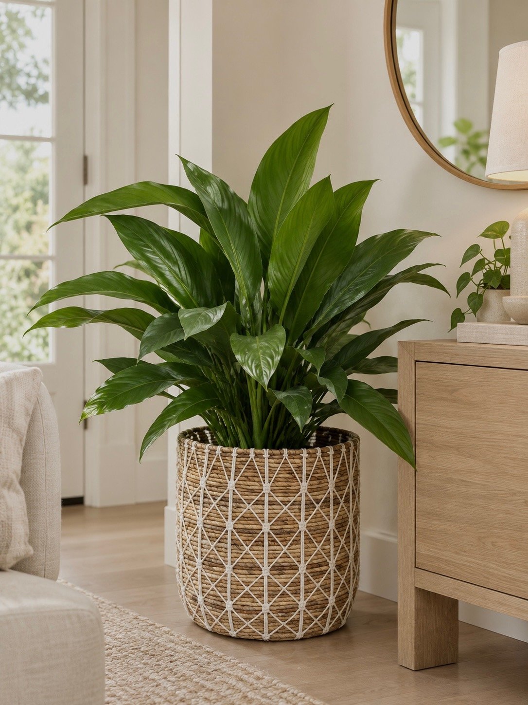Floor plant in a woven basket in a bright living room