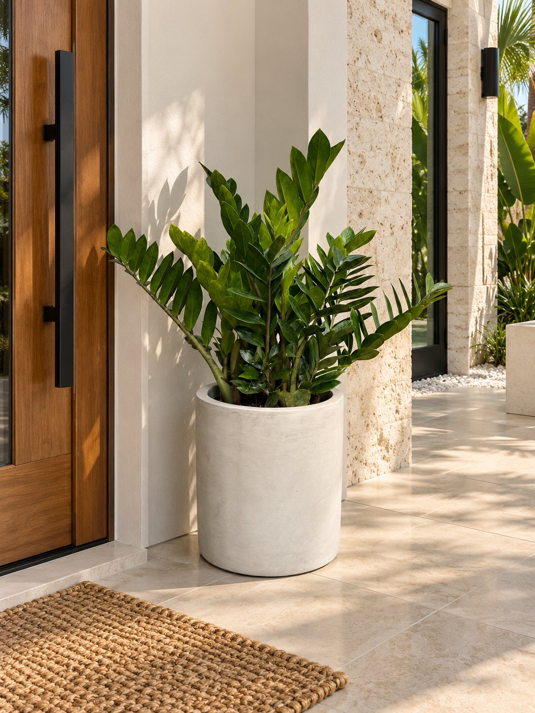 ZZ plant in a white stone planter beside a front door