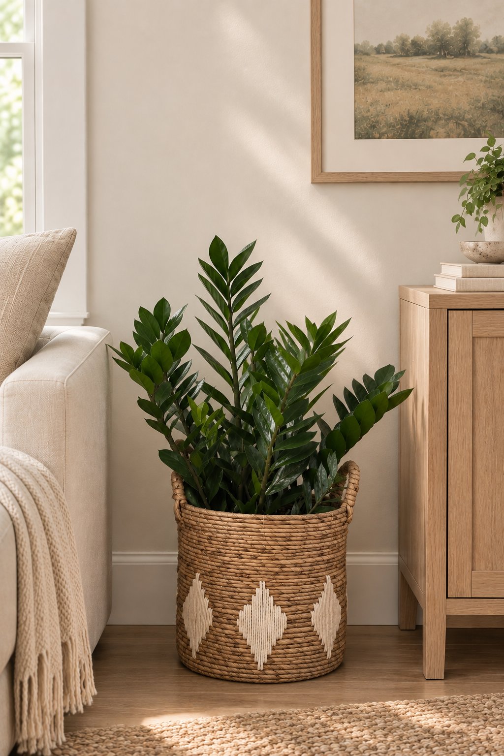 ZZ plant in a woven basket styled in a sunlit living room
