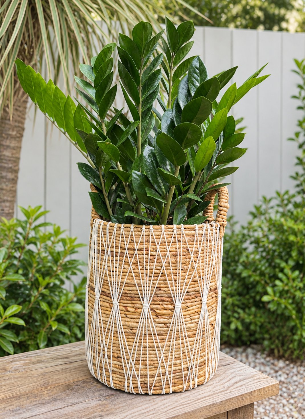 ZZ plant in a natural woven basket